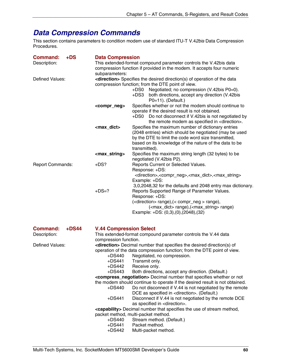 Multi-Tech Systems MT5600SMI-XL92, MT5600SMI-XL34, MT5600SMI-P92 Data Compression Commands, Command +DS Data Compression 