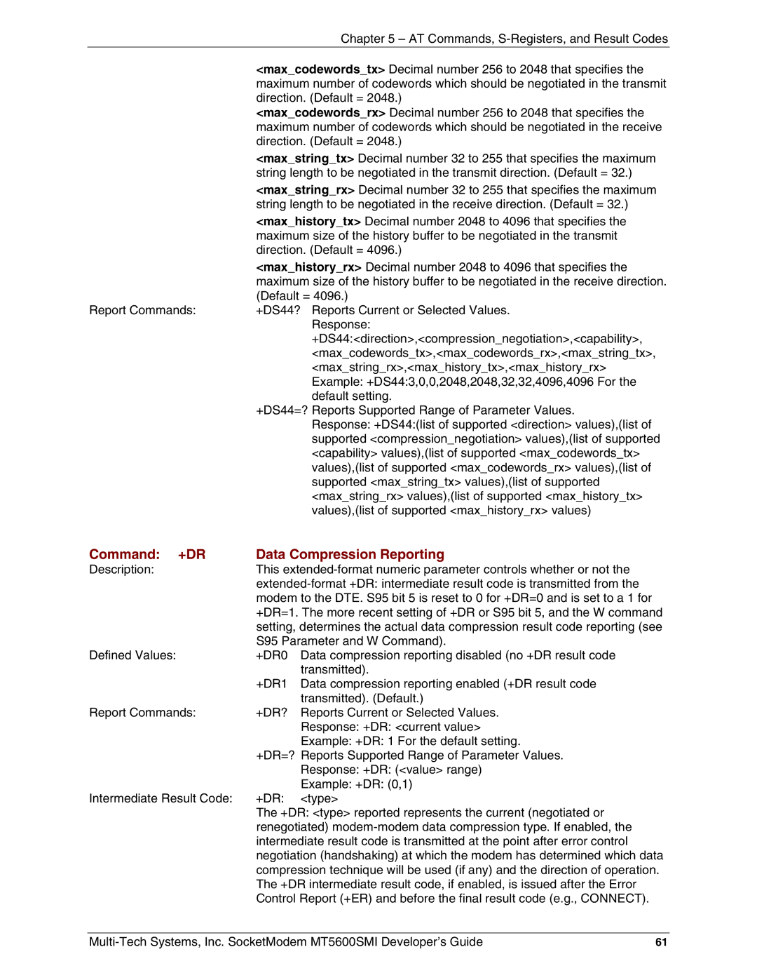 Multi-Tech Systems MT5600SMI-P34, MT5600SMI-XL34, MT5600SMI-P92, MT5600SMI-PL92 manual Command +DR Data Compression Reporting 