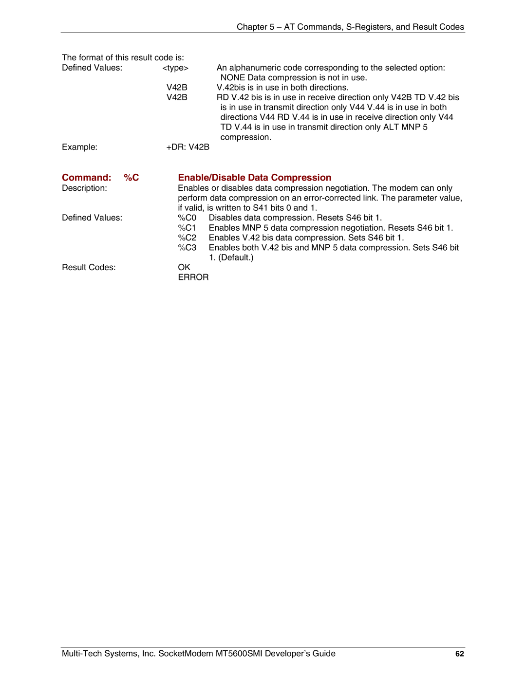 Multi-Tech Systems MT5600SMI-L34, MT5600SMI-XL34, MT5600SMI-P92 manual Command %C Enable/Disable Data Compression, Error 