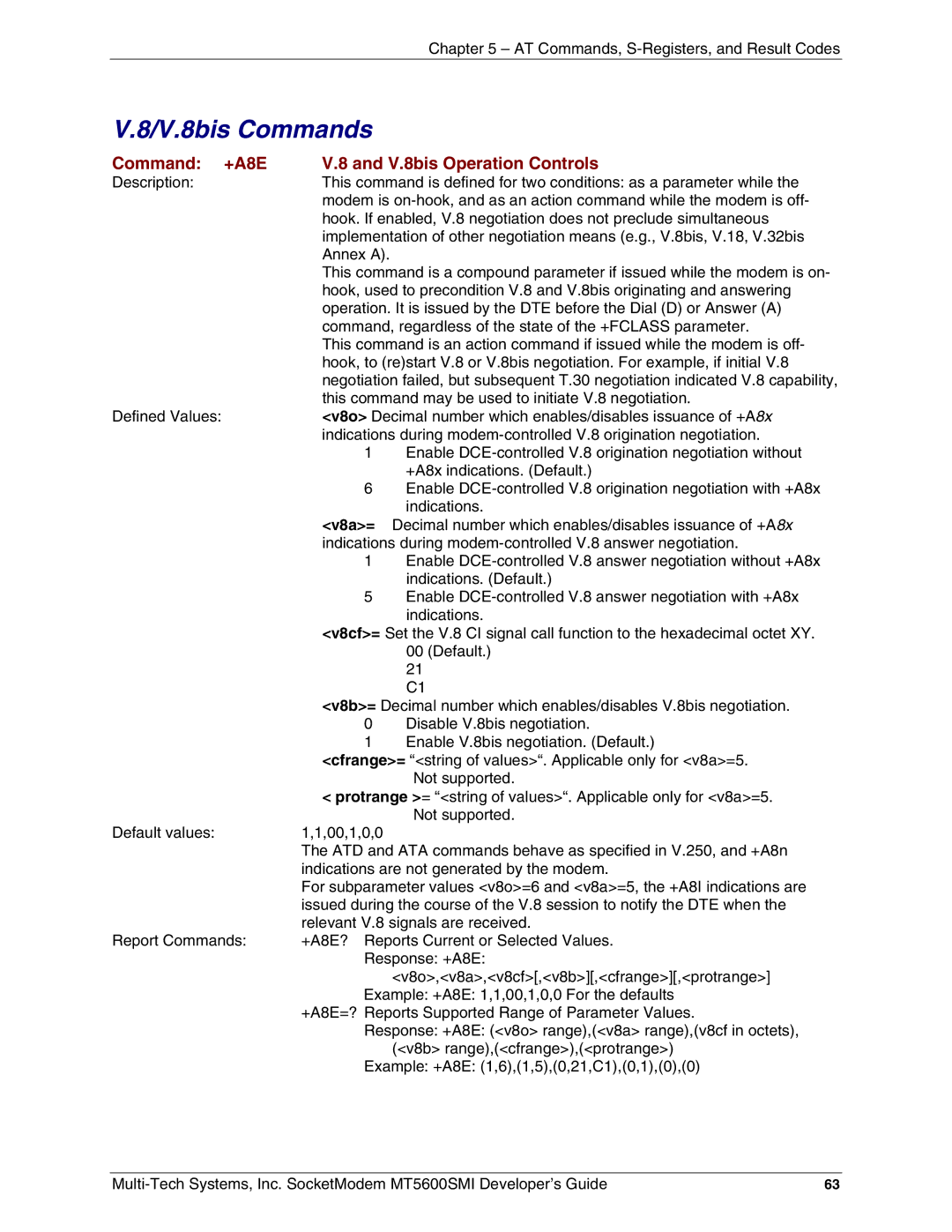 Multi-Tech Systems MT5600SMI-L32, MT5600SMI-XL34, MT5600SMI-P92 V.8bis Commands, Command +A8E V.8bis Operation Controls 