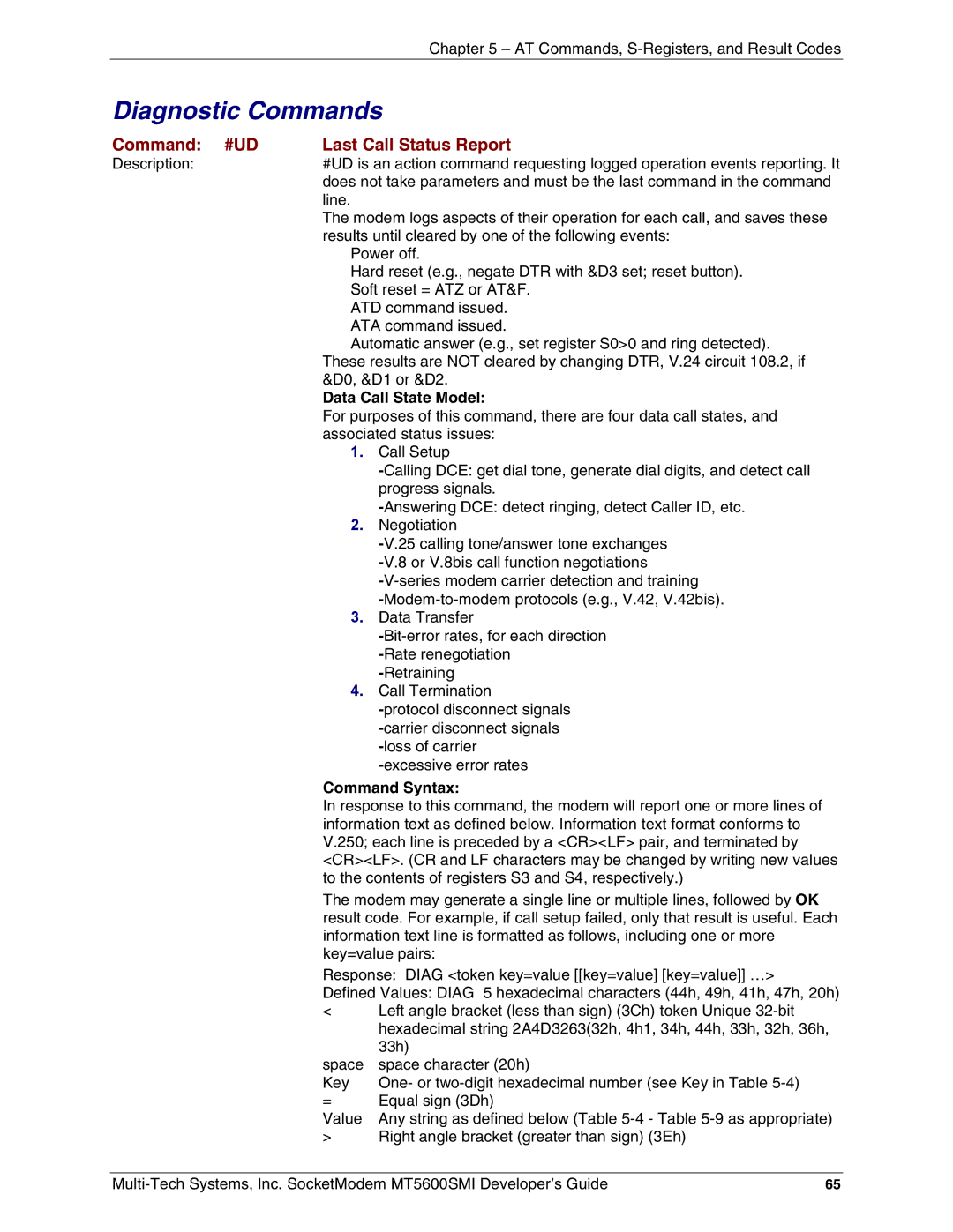 Multi-Tech Systems MT5600SMI-XL34 manual Diagnostic Commands, Command #UD Last Call Status Report, Data Call State Model 