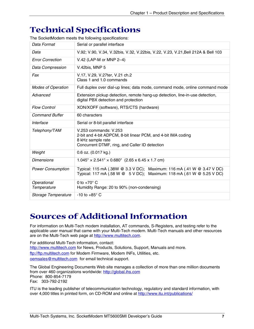 Multi-Tech Systems MT5600SMI-PL34, MT5600SMI-XL34, MT5600SMI-92 Technical Specifications, Sources of Additional Information 