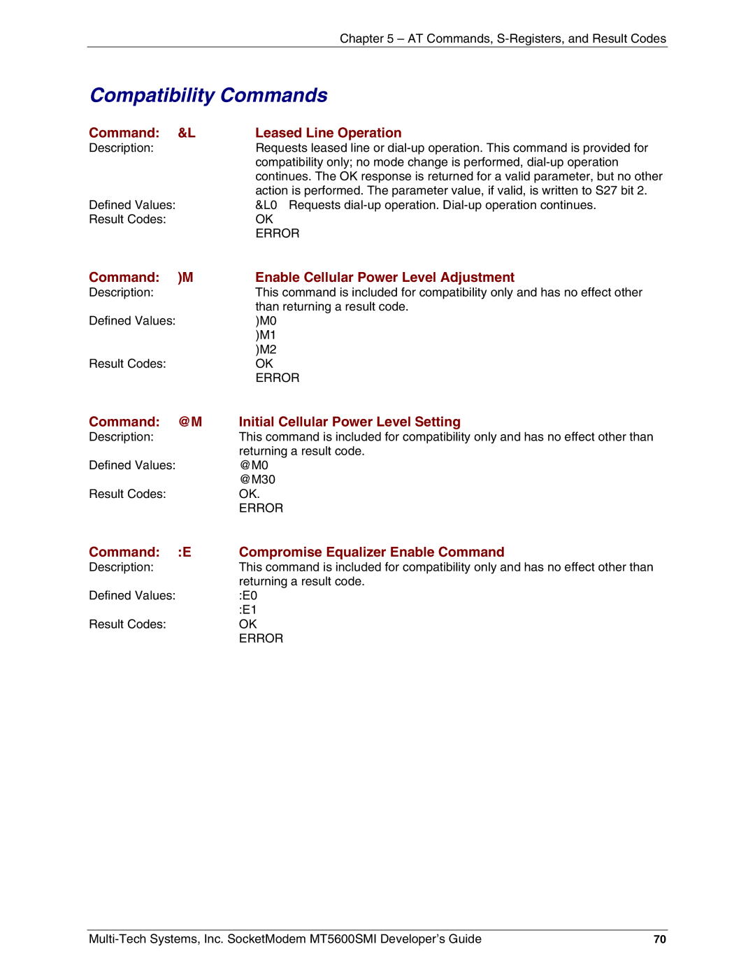 Multi-Tech Systems MT5600SMI-32, MT5600SMI-XL34, MT5600SMI-P92 manual Compatibility Commands, Command Leased Line Operation 