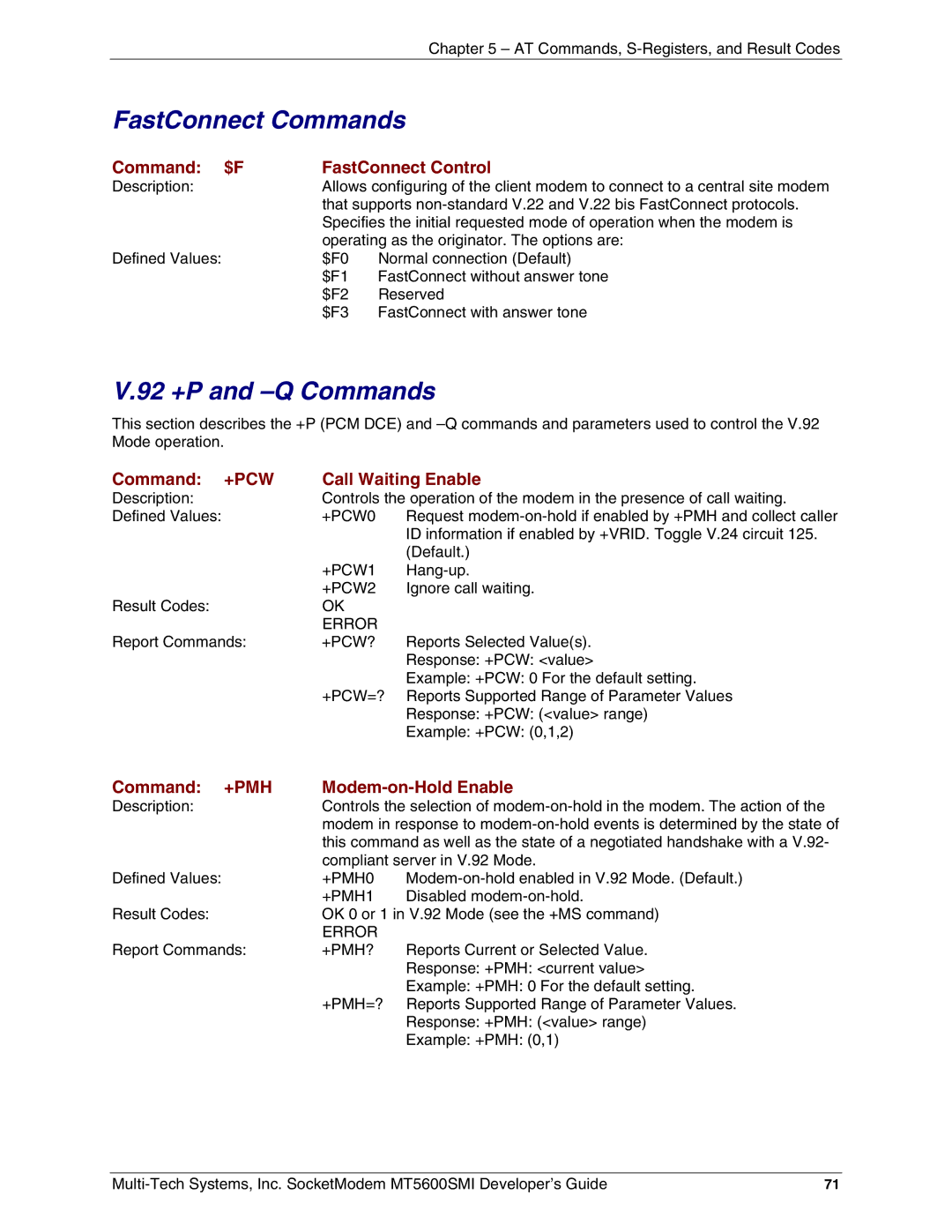 Multi-Tech Systems MT5600SMI-L92, MT5600SMI-92 FastConnect Commands, 92 +P and -Q Commands, Command $F FastConnect Control 