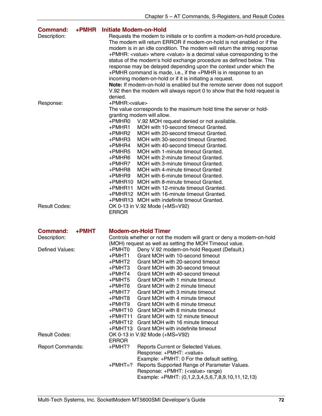 Multi-Tech Systems MT5600SMI-PL34, MT5600SMI-XL34, MT5600SMI-P92, MT5600SMI-PL92 Initiate Modem-on-Hold, Modem-on-Hold Timer 