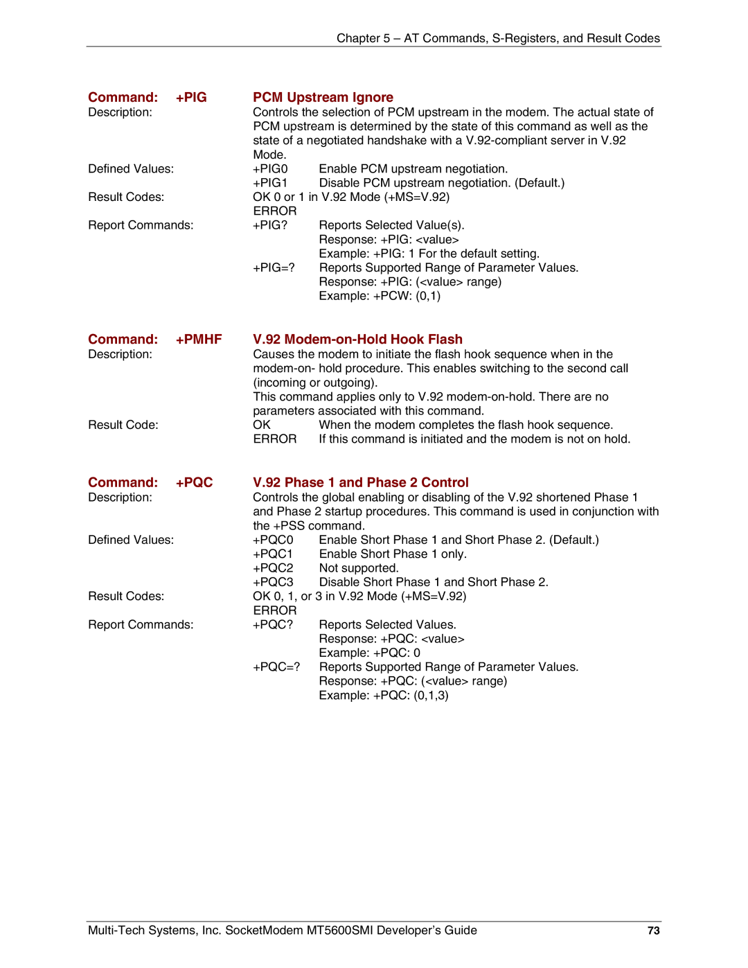 Multi-Tech Systems MT5600SMI-XL92, MT5600SMI-92 PCM Upstream Ignore, Modem-on-Hold Hook Flash, Phase 1 and Phase 2 Control 