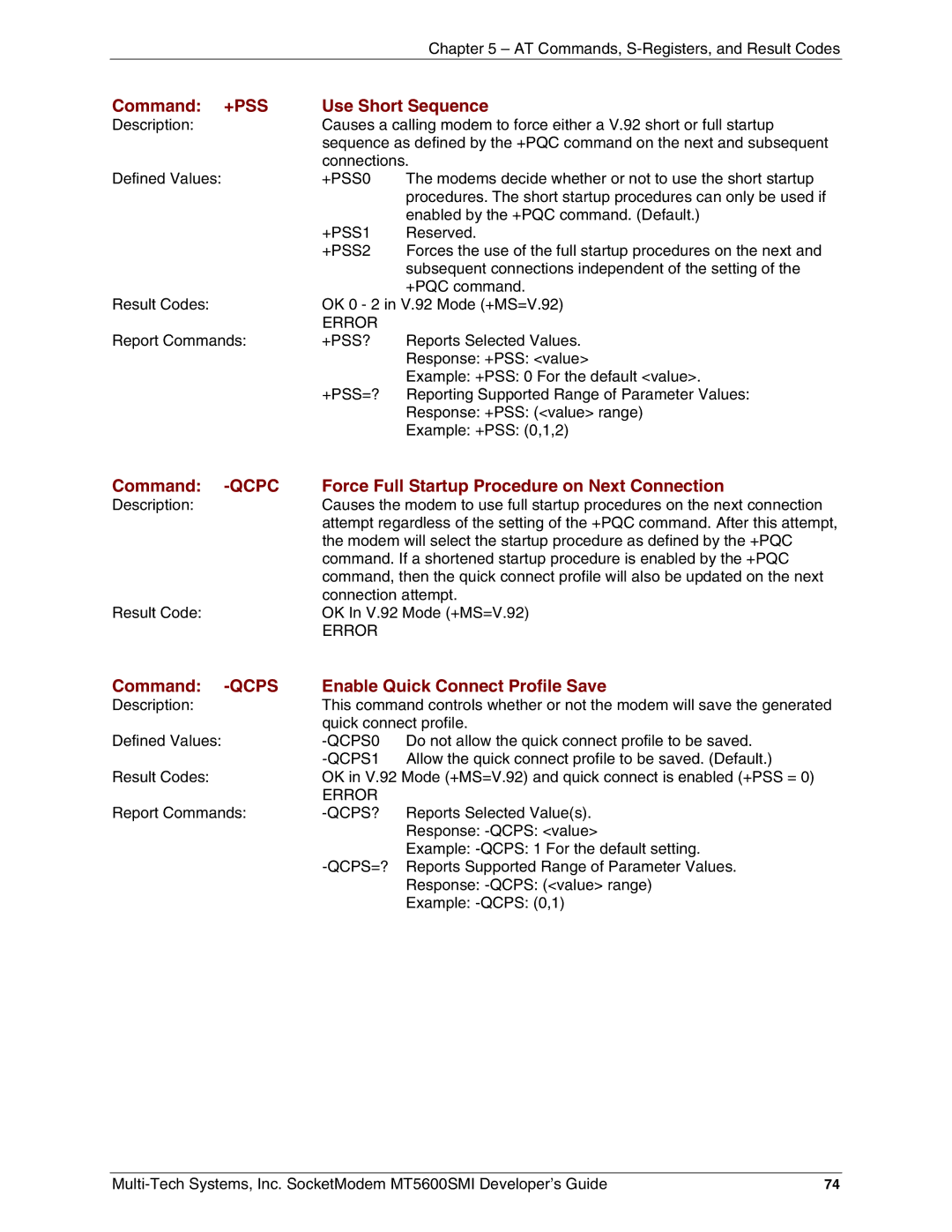 Multi-Tech Systems MT5600SMI-P34, MT5600SMI-XL34 manual Use Short Sequence, Force Full Startup Procedure on Next Connection 