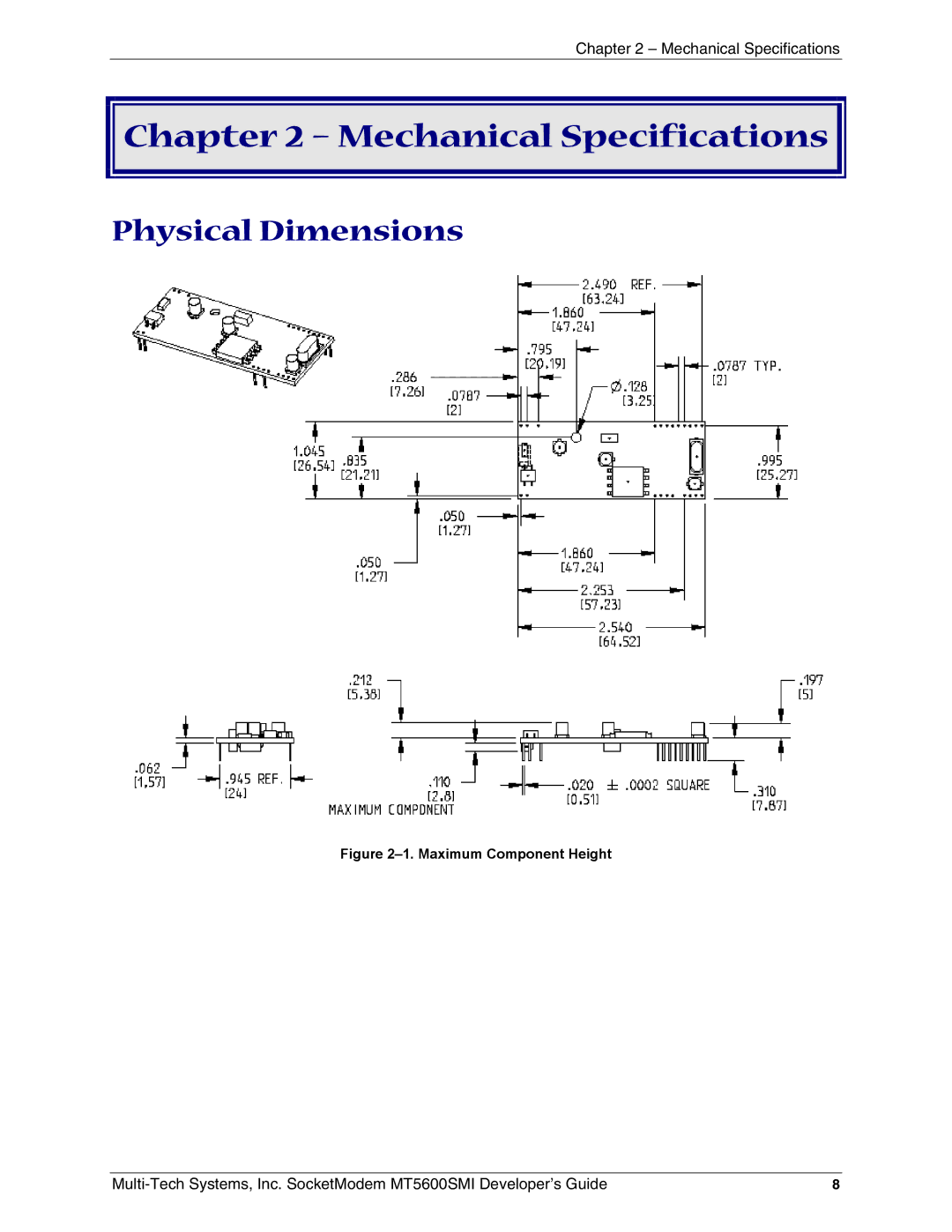 Multi-Tech Systems MT5600SMI-XL92, MT5600SMI-XL34, MT5600SMI-P92, MT5600SMI-92 Physical Dimensions, Maximum Component Height 