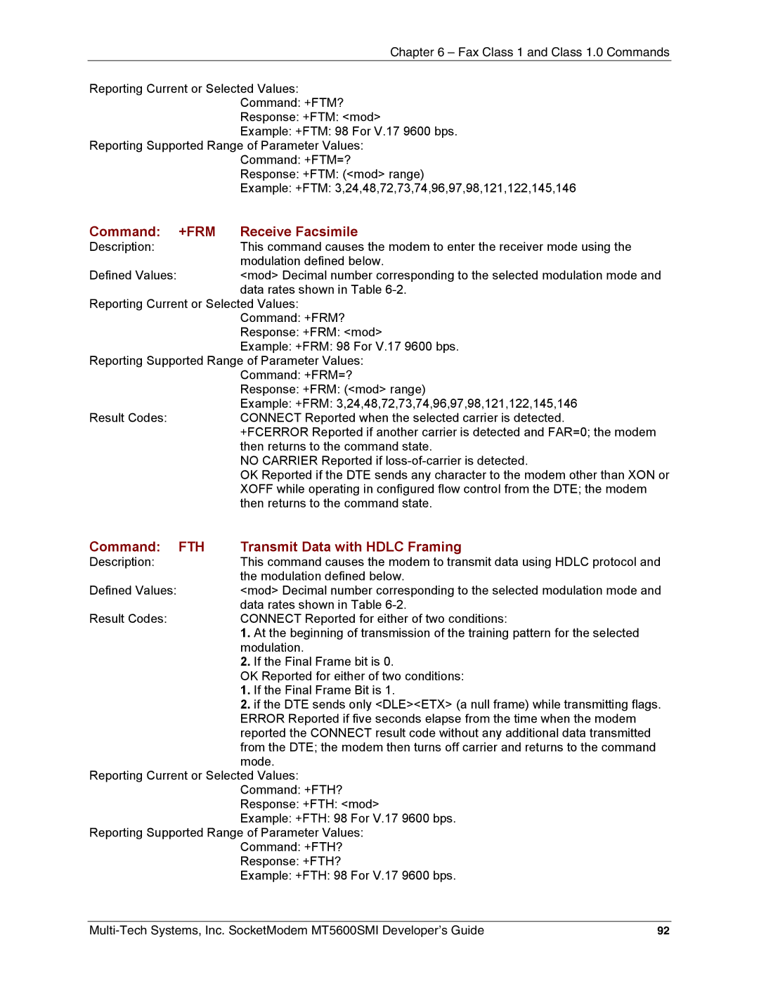 Multi-Tech Systems MT5600SMI-P92, MT5600SMI-92 Command +FRM Receive Facsimile, Command FTH Transmit Data with Hdlc Framing 