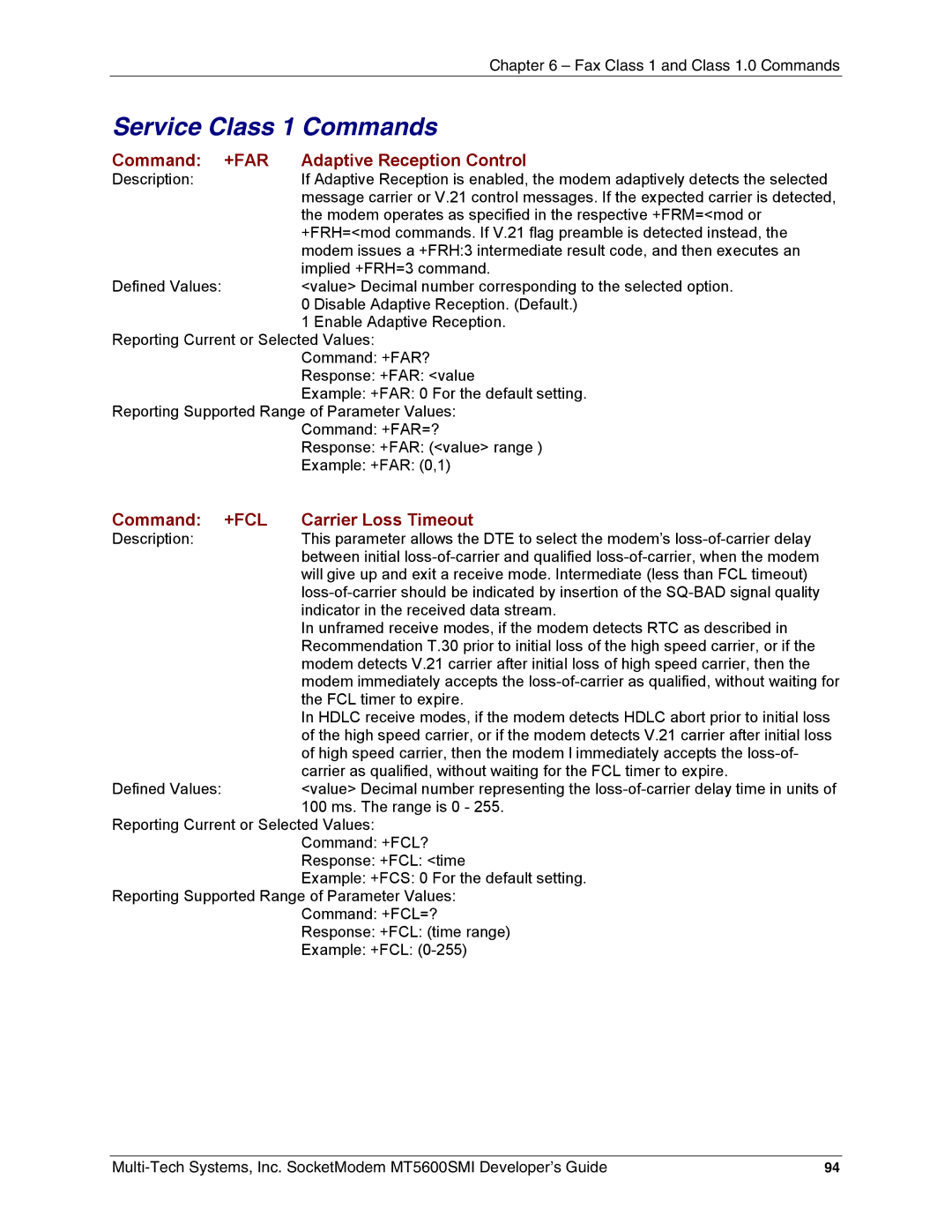 Multi-Tech Systems MT5600SMI-92, MT5600SMI-XL34 manual Service Class 1 Commands, Command +FAR Adaptive Reception Control 