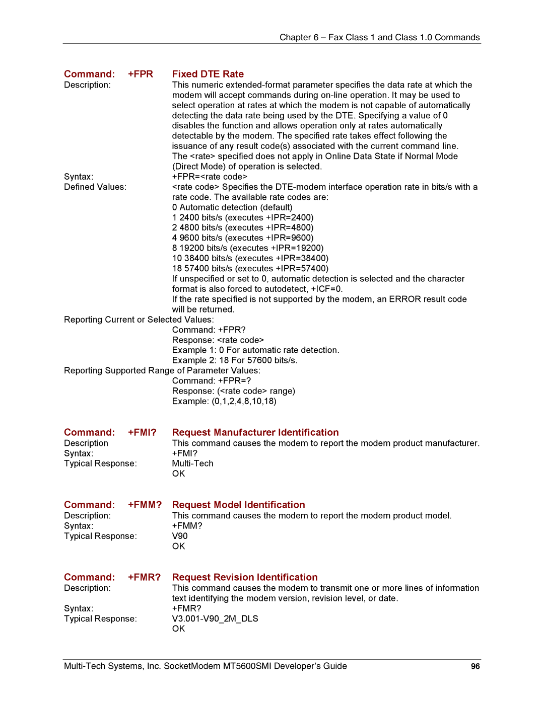 Multi-Tech Systems MT5600SMI-32 manual Command +FPR Fixed DTE Rate, Command +FMI? Request Manufacturer Identification 