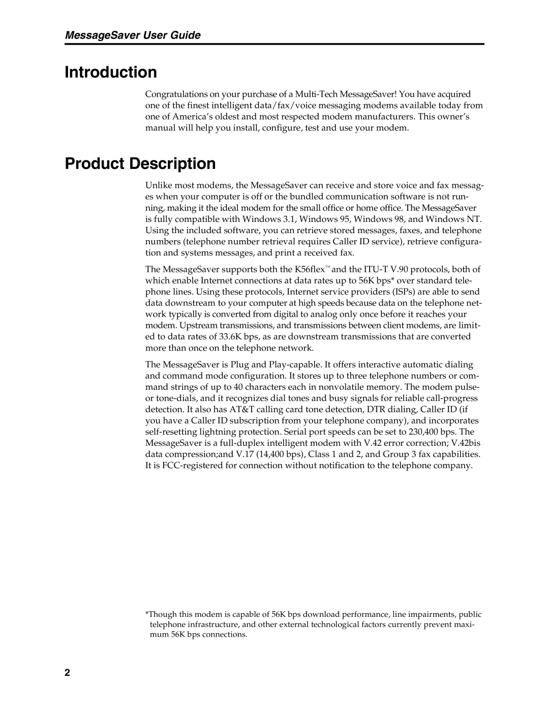 Multi-Tech Systems MT5634MSV manual Introduction Product Description 