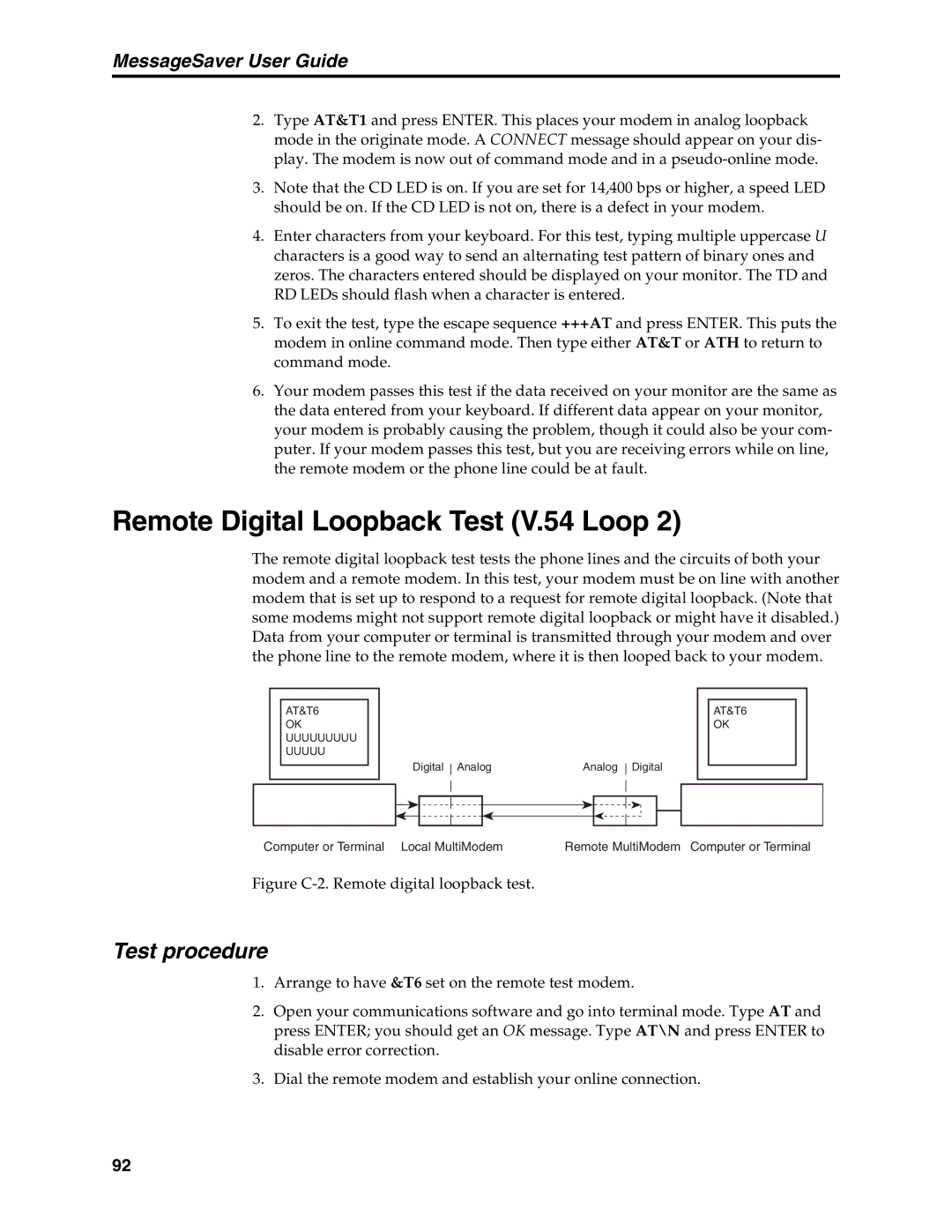 Multi-Tech Systems MT5634MSV manual Remote Digital Loopback Test V.54 Loop, Figure C-2. Remote digital loopback test 