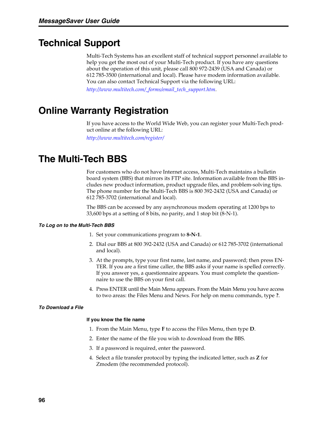 Multi-Tech Systems MT5634MSV manual Technical Support, Online Warranty Registration, Multi-Tech BBS 