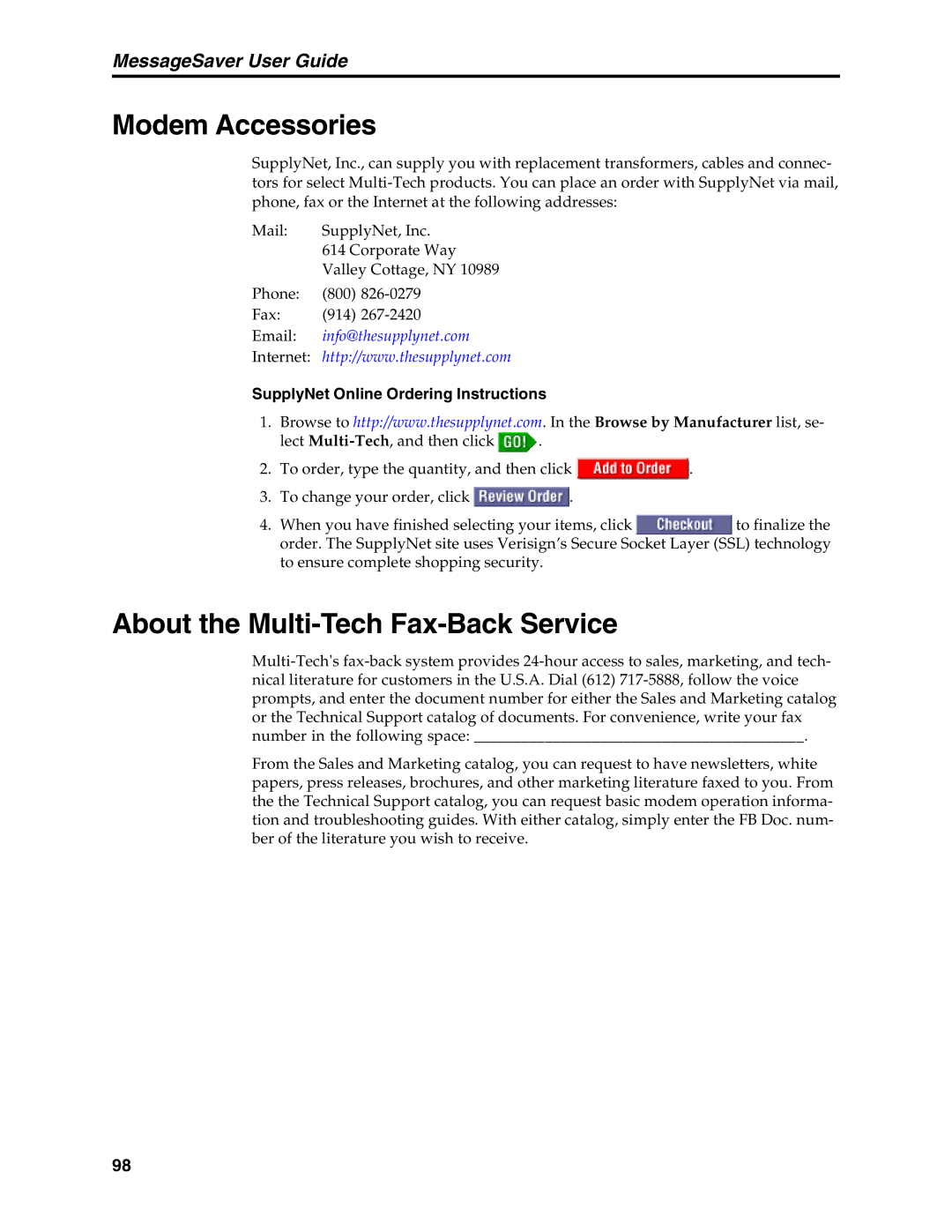 Multi-Tech Systems MT5634MSV manual Modem Accessories, About the Multi-Tech Fax-Back Service 