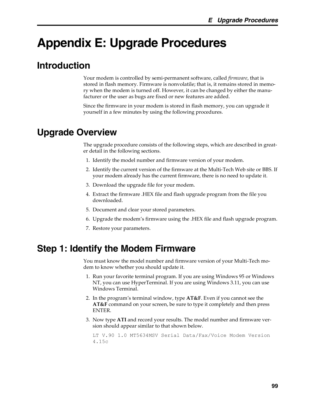 Multi-Tech Systems MT5634MSV manual Upgrade Overview, Identify the Modem Firmware 