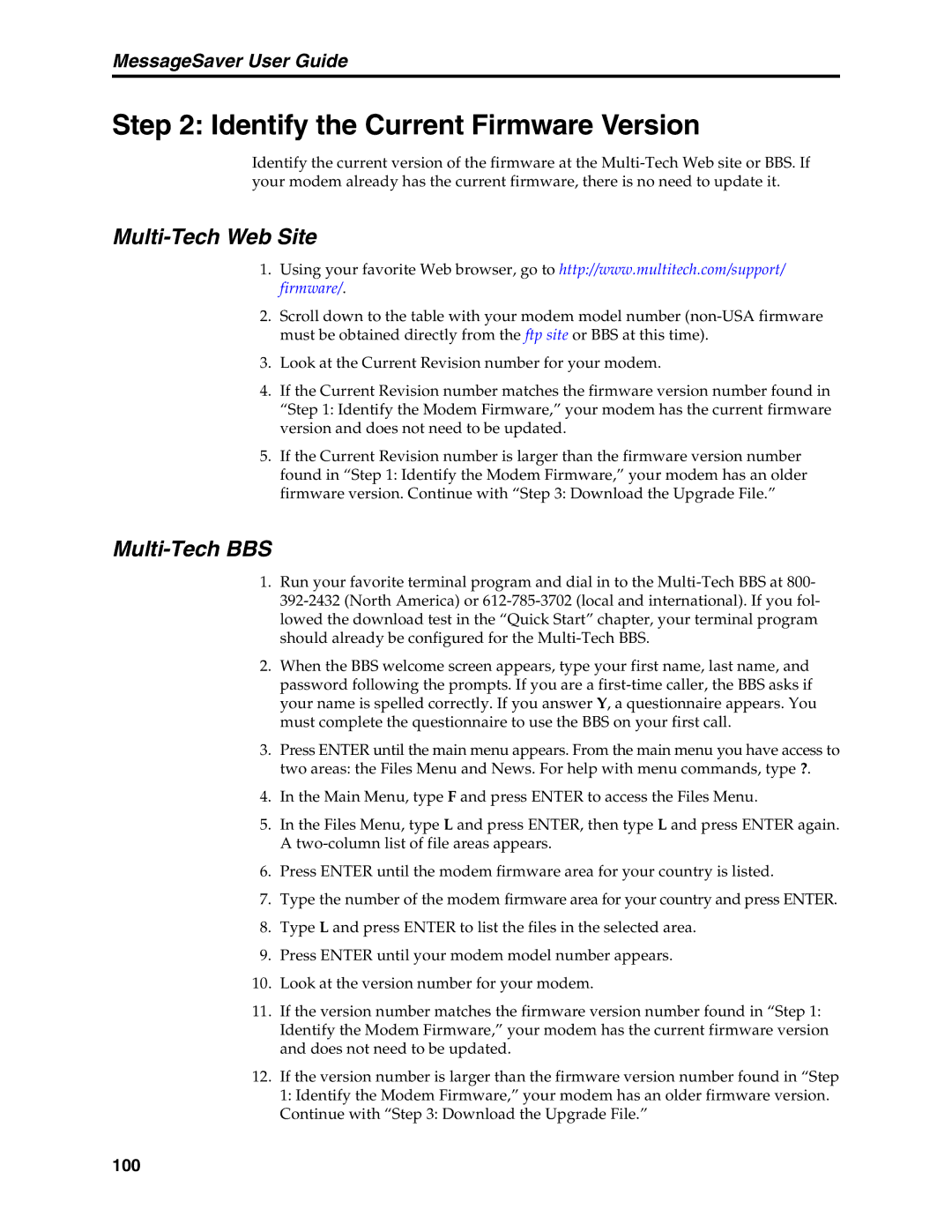 Multi-Tech Systems MT5634MSV manual Identify the Current Firmware Version, Multi-Tech Web Site, Multi-Tech BBS 