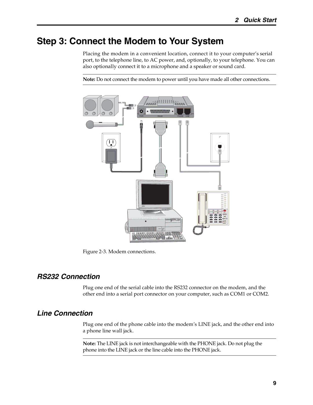 Multi-Tech Systems MT5634MSV manual Connect the Modem to Your System, RS232 Connection, Line Connection 