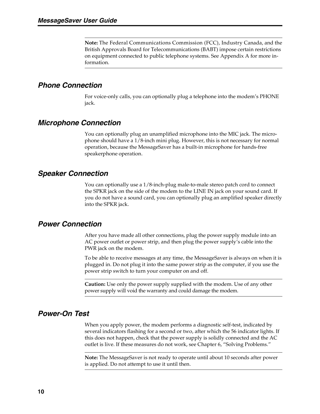 Multi-Tech Systems MT5634MSV Phone Connection, Microphone Connection, Speaker Connection, Power Connection, Power-On Test 