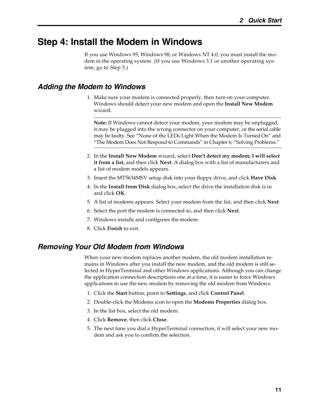 Multi-Tech Systems MT5634MSV manual Install the Modem in Windows, Adding the Modem to Windows 