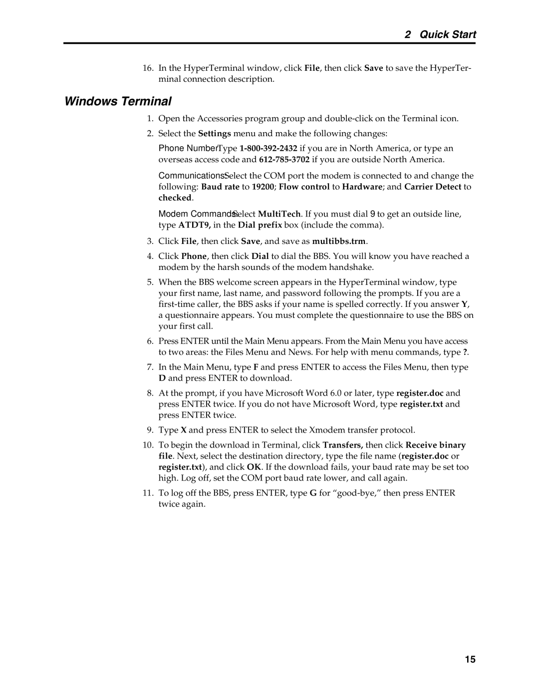 Multi-Tech Systems MT5634MSV manual Windows Terminal 