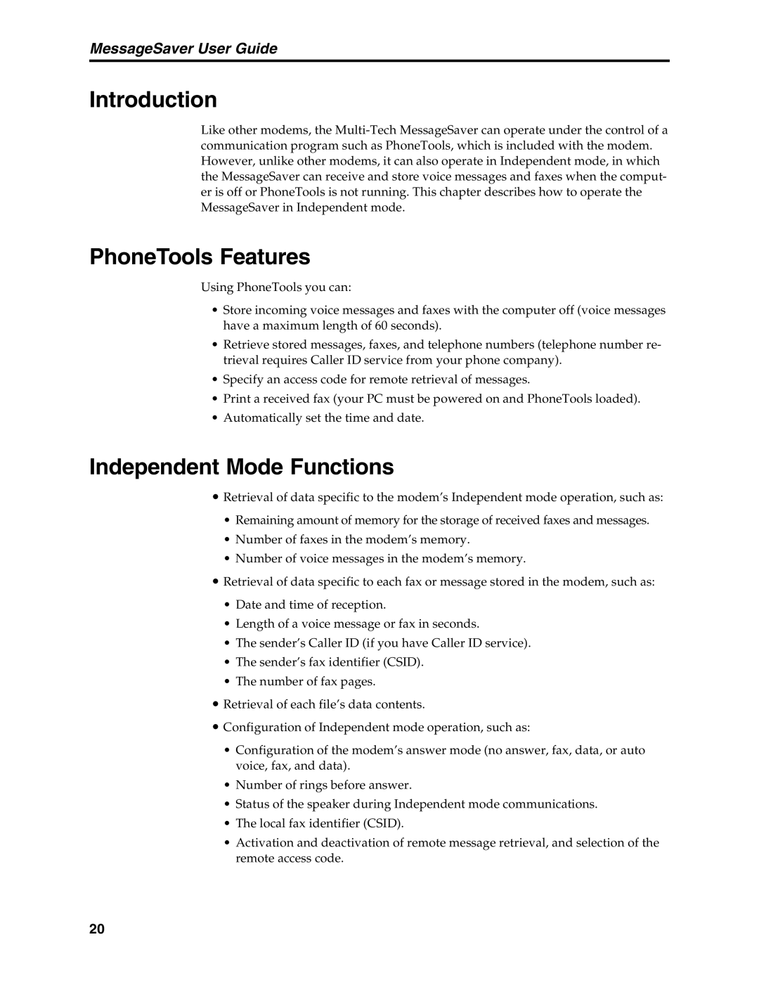 Multi-Tech Systems MT5634MSV manual PhoneTools Features, Independent Mode Functions 