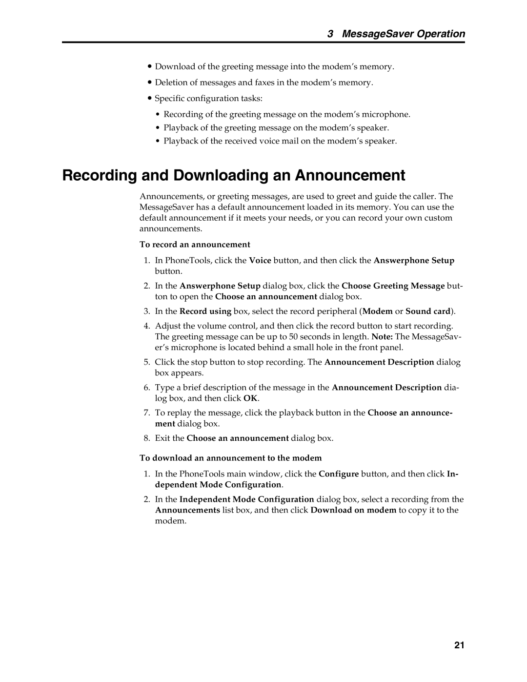 Multi-Tech Systems MT5634MSV manual Recording and Downloading an Announcement, MessageSaver Operation 