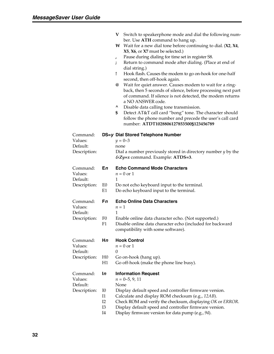 Multi-Tech Systems MT5634MSV DS=y Dial Stored Telephone Number, Echo Command Mode Characters, Echo Online Data Characters 