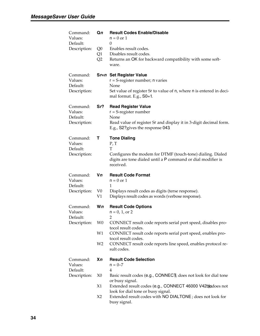 Multi-Tech Systems MT5634MSV manual Result Codes Enable/Disable, Set Register Value, Sr? Read Register Value, Tone Dialing 