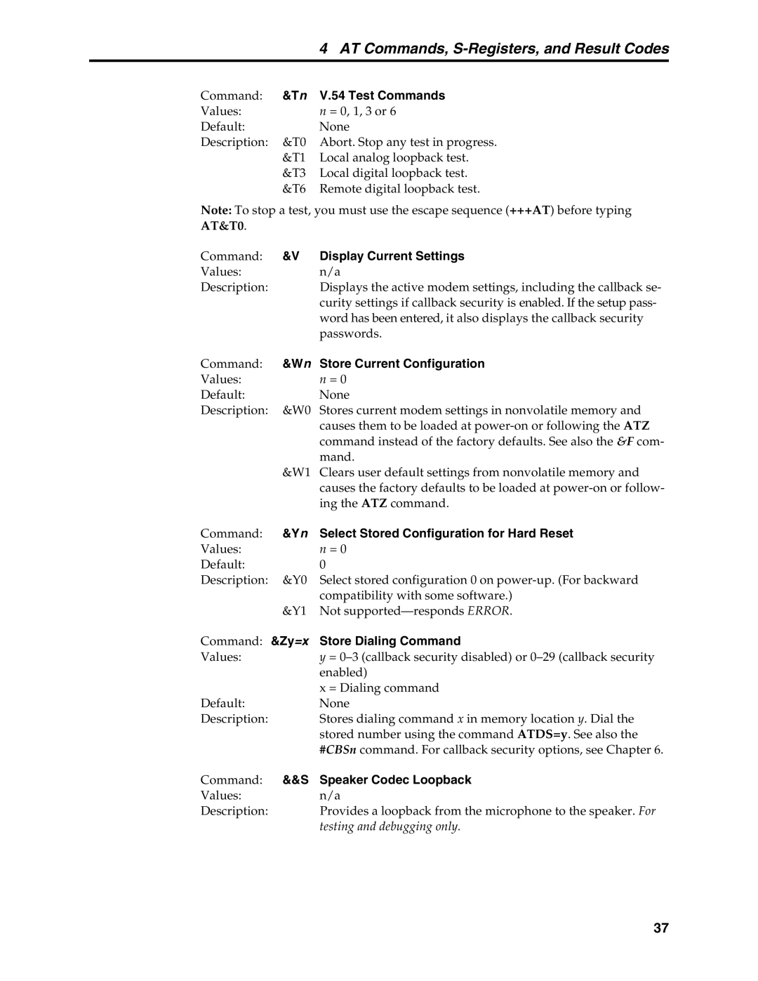 Multi-Tech Systems MT5634MSV Test Commands, Display Current Settings, Store Current Configuration, Store Dialing Command 