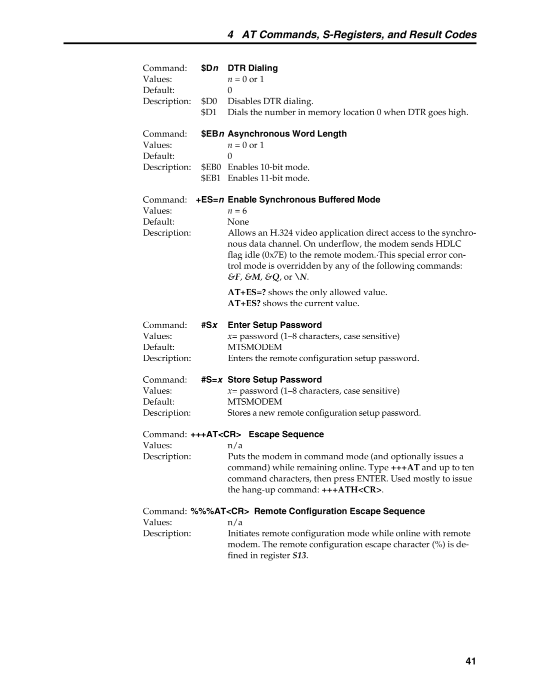 Multi-Tech Systems MT5634MSV manual $Dn DTR Dialing, $EBn Asynchronous Word Length, #Sx Enter Setup Password 