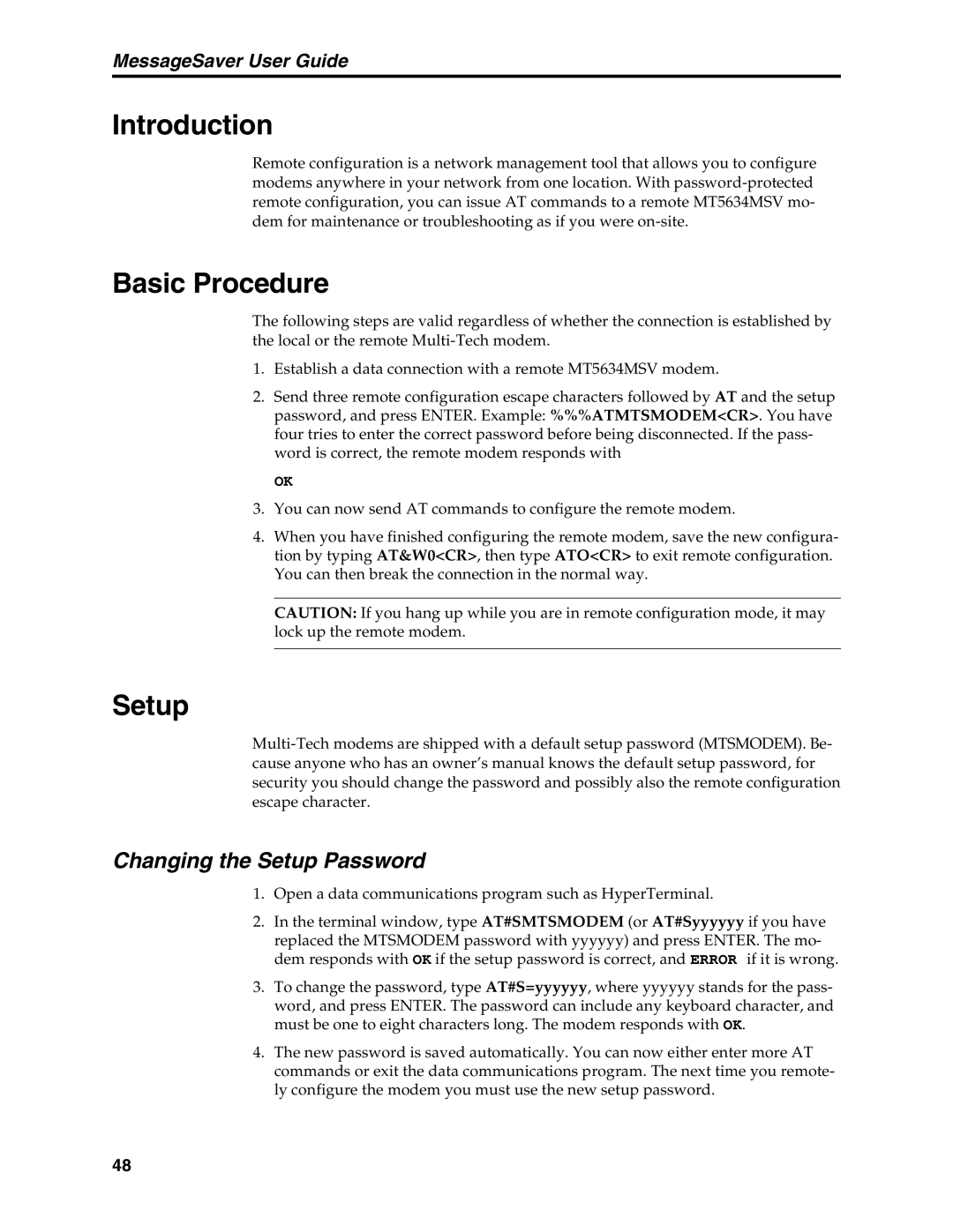 Multi-Tech Systems MT5634MSV manual Basic Procedure, Changing the Setup Password 