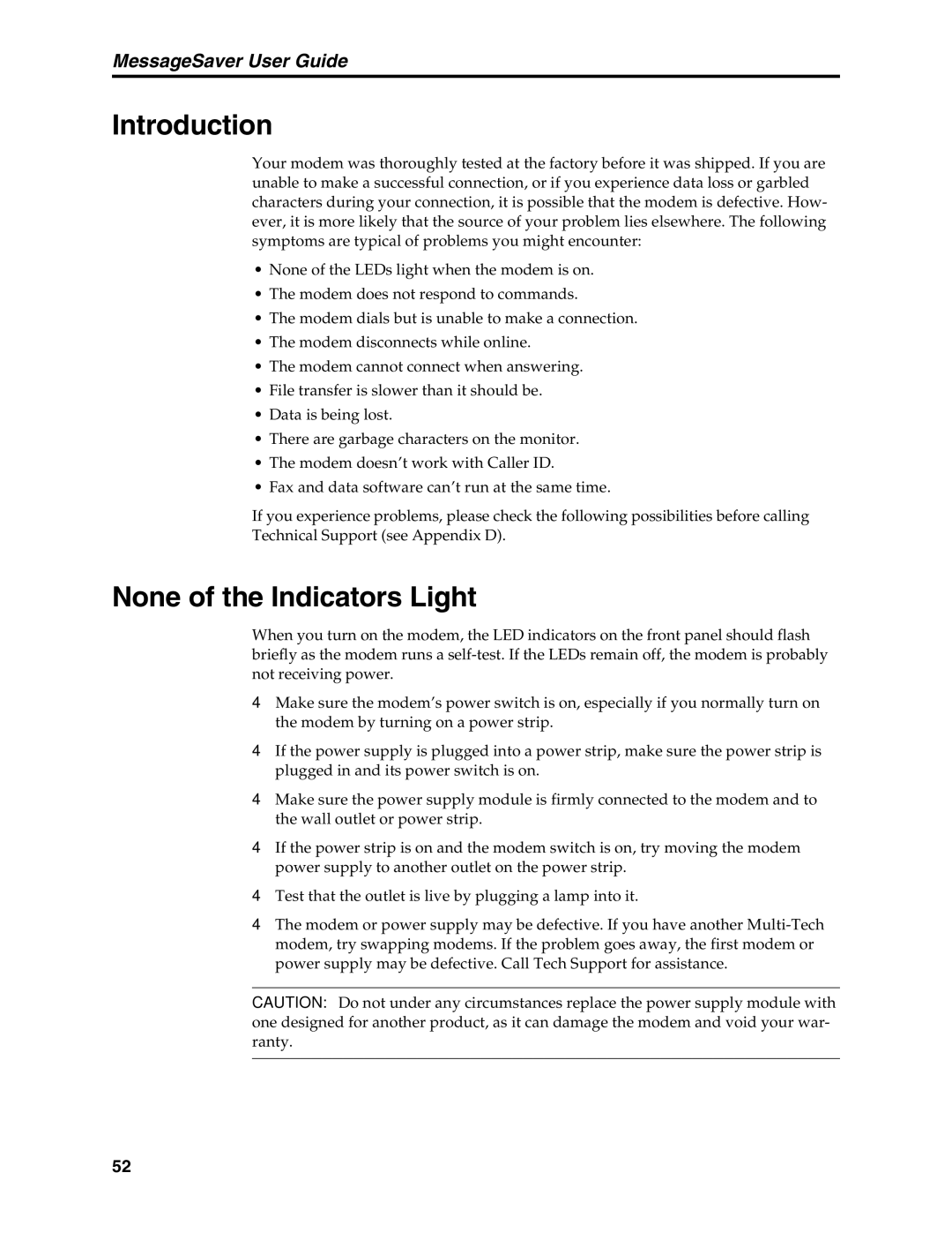 Multi-Tech Systems MT5634MSV manual Introduction, None of the Indicators Light 