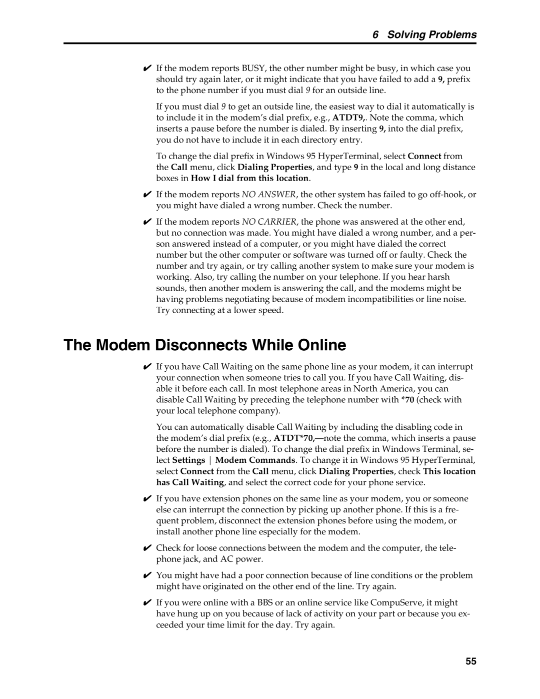 Multi-Tech Systems MT5634MSV manual Modem4Disconnects While Online 