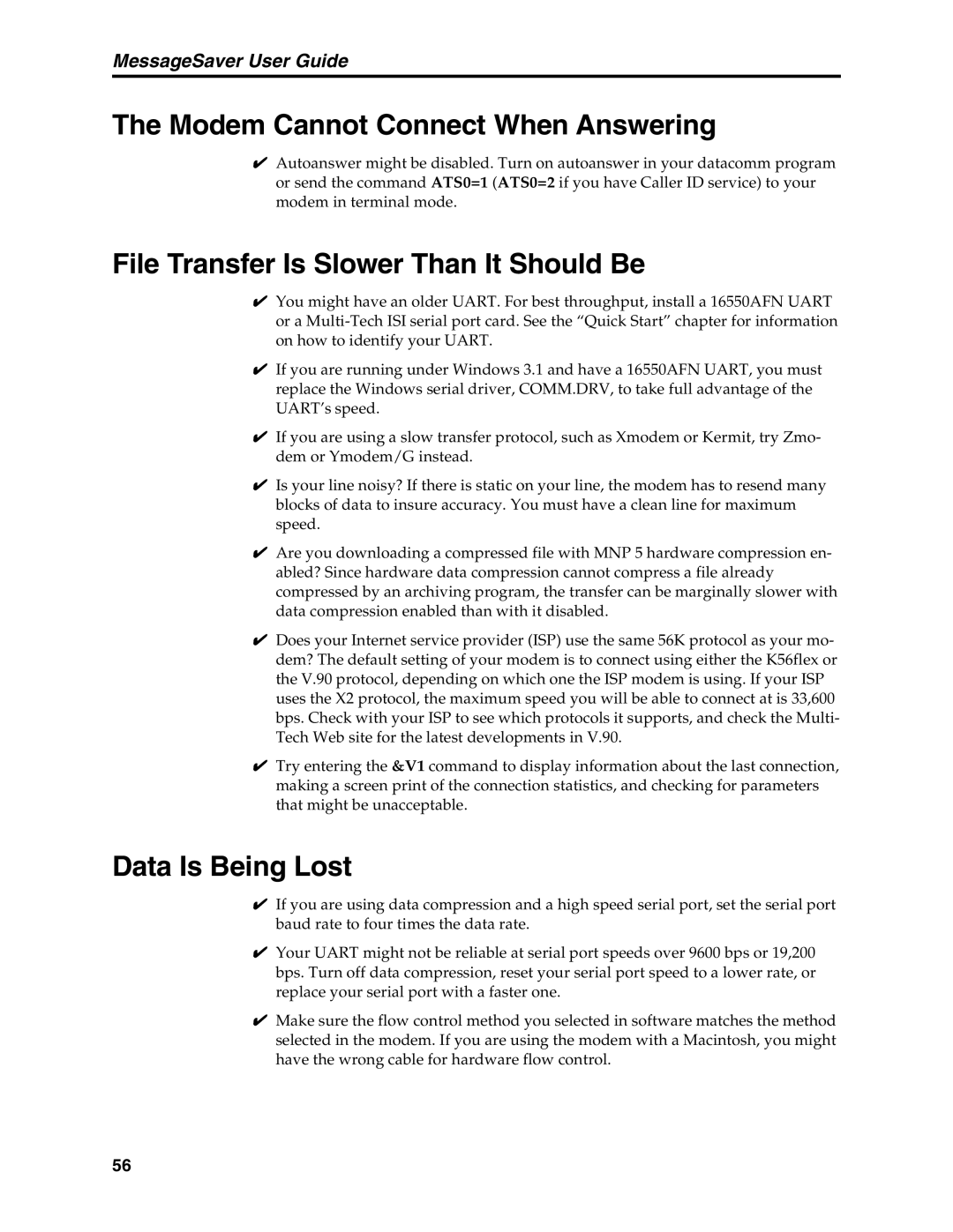 Multi-Tech Systems MT5634MSV manual Modem4Cannot Connect When Answering, File Transfer4Is Slower Than It Should Be 