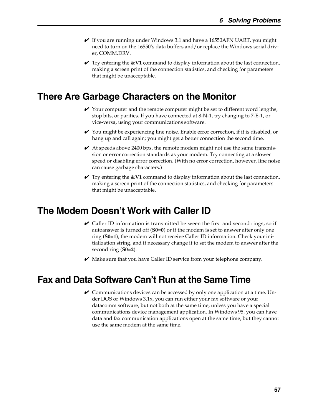 Multi-Tech Systems MT5634MSV manual There Are Garbage4 Characters on the Monitor, Modem4Doesn’t Work with Caller ID 