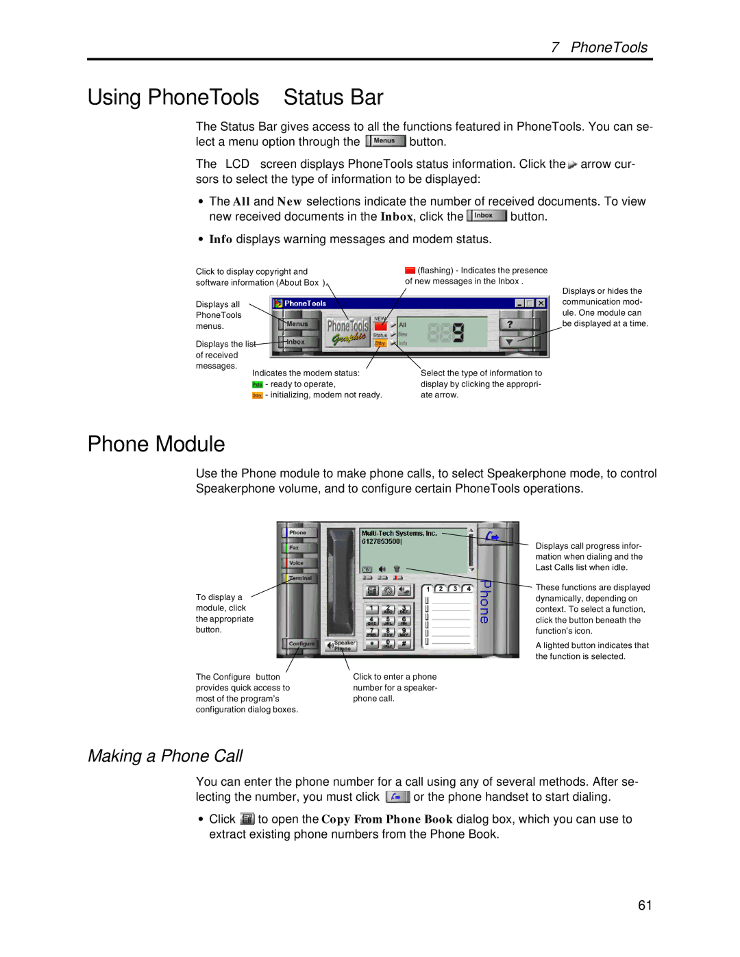 Multi-Tech Systems MT5634MSV manual Using PhoneTools’ Status Bar, Phone Module, Making a Phone Call 