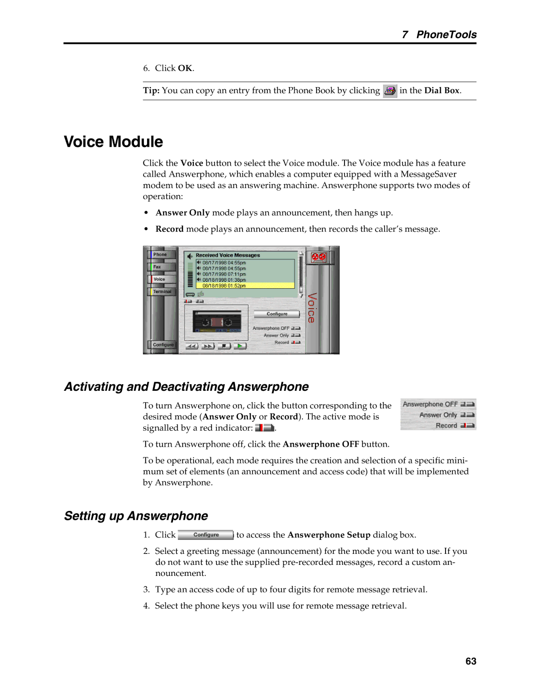 Multi-Tech Systems MT5634MSV manual Voice Module, Activating and Deactivating Answerphone, Setting up Answerphone 