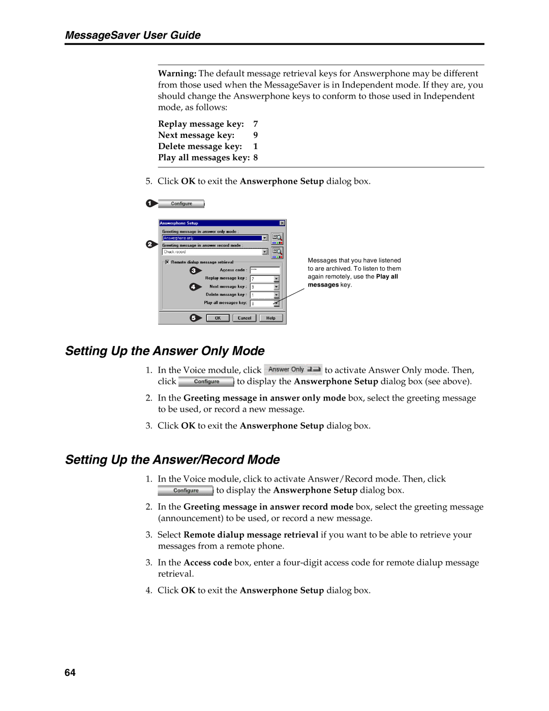 Multi-Tech Systems MT5634MSV manual Setting Up the Answer Only Mode, Setting Up the Answer/Record Mode 