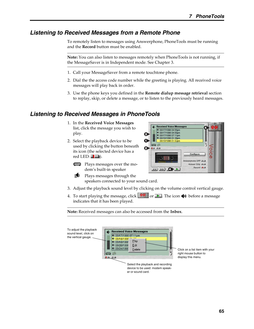 Multi-Tech Systems MT5634MSV manual Listening to Received Messages from a Remote Phone 