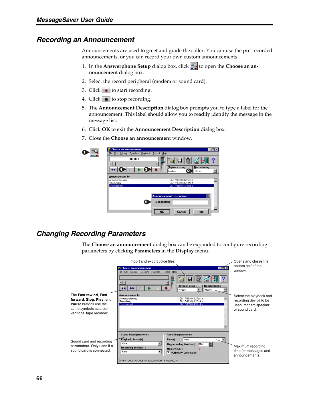 Multi-Tech Systems MT5634MSV manual Recording an Announcement, Changing Recording Parameters 