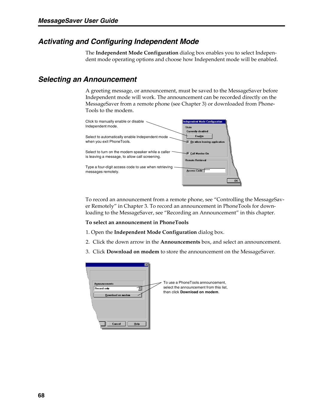 Multi-Tech Systems MT5634MSV manual Activating and Configuring Independent Mode, Selecting an Announcement 