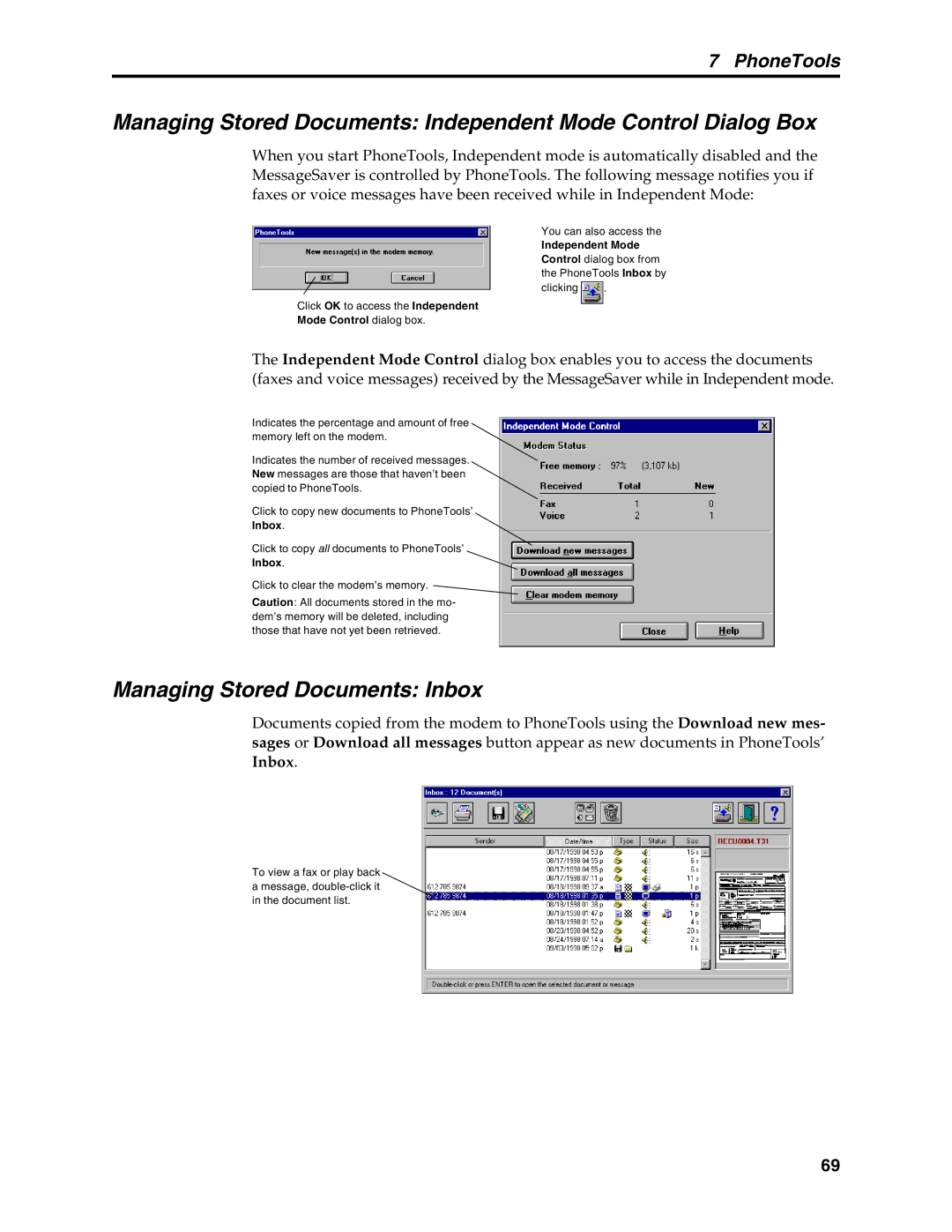 Multi-Tech Systems MT5634MSV manual Managing Stored Documents Inbox, Independent Mode 