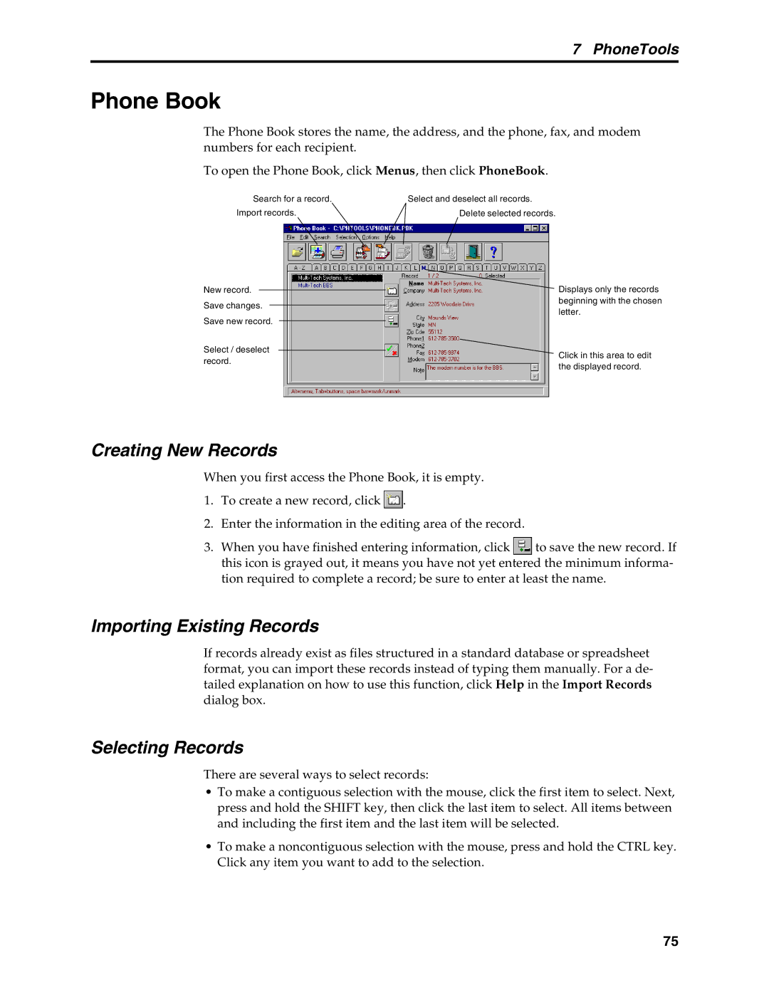 Multi-Tech Systems MT5634MSV manual Phone Book, Creating New Records, Importing Existing Records, Selecting Records 