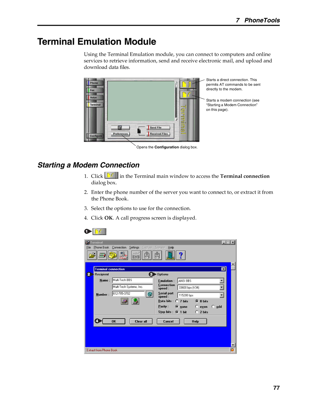 Multi-Tech Systems MT5634MSV manual Terminal Emulation Module, Starting a Modem Connection 