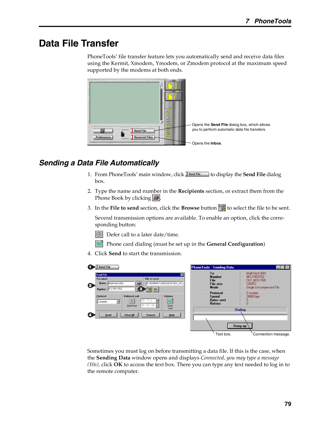 Multi-Tech Systems MT5634MSV manual Data File Transfer, Sending a Data File Automatically 