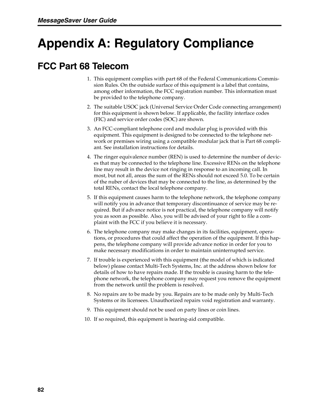 Multi-Tech Systems MT5634MSV manual Appendix a Regulatory Compliance, FCC Part 68 Telecom 