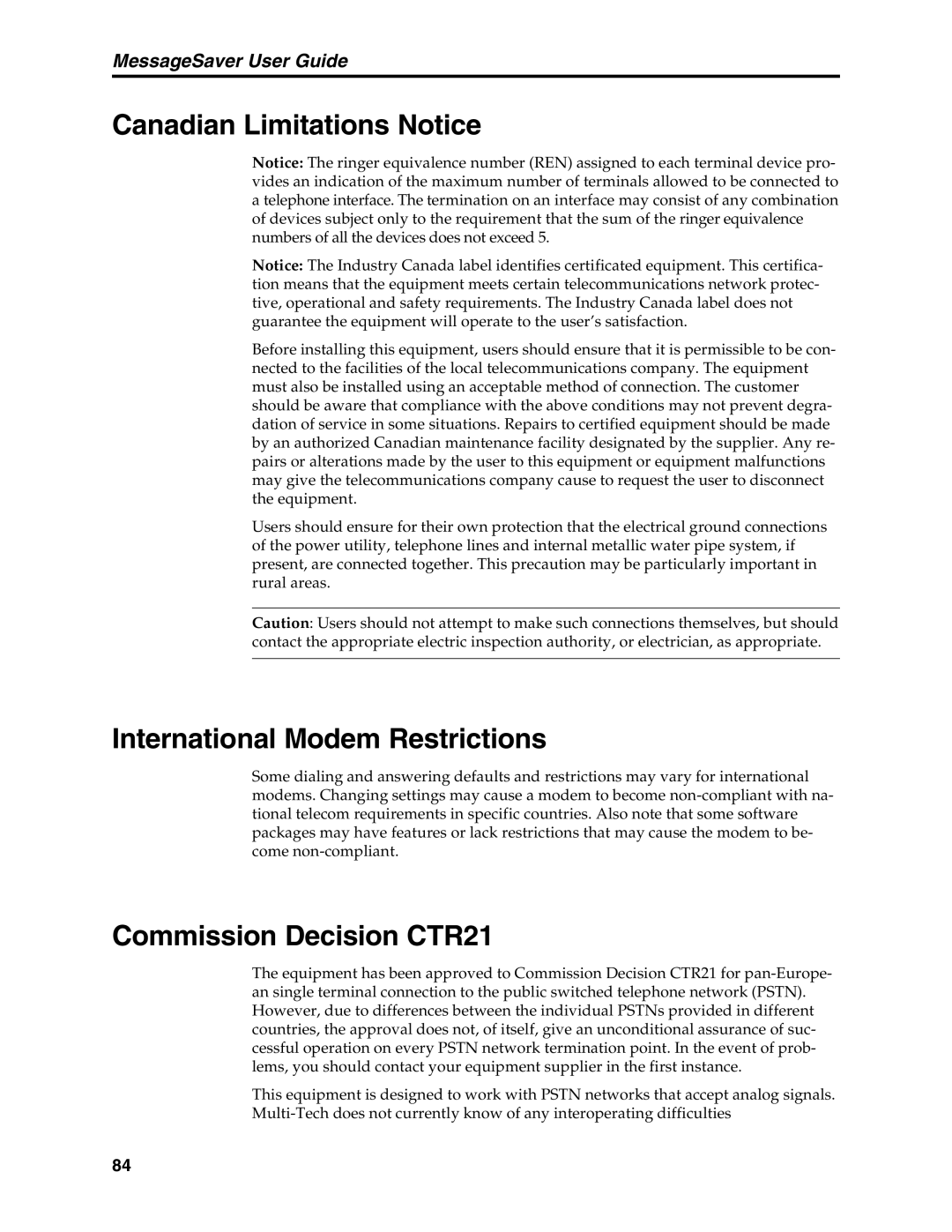 Multi-Tech Systems MT5634MSV Canadian Limitations Notice, International Modem Restrictions, Commission Decision CTR21 