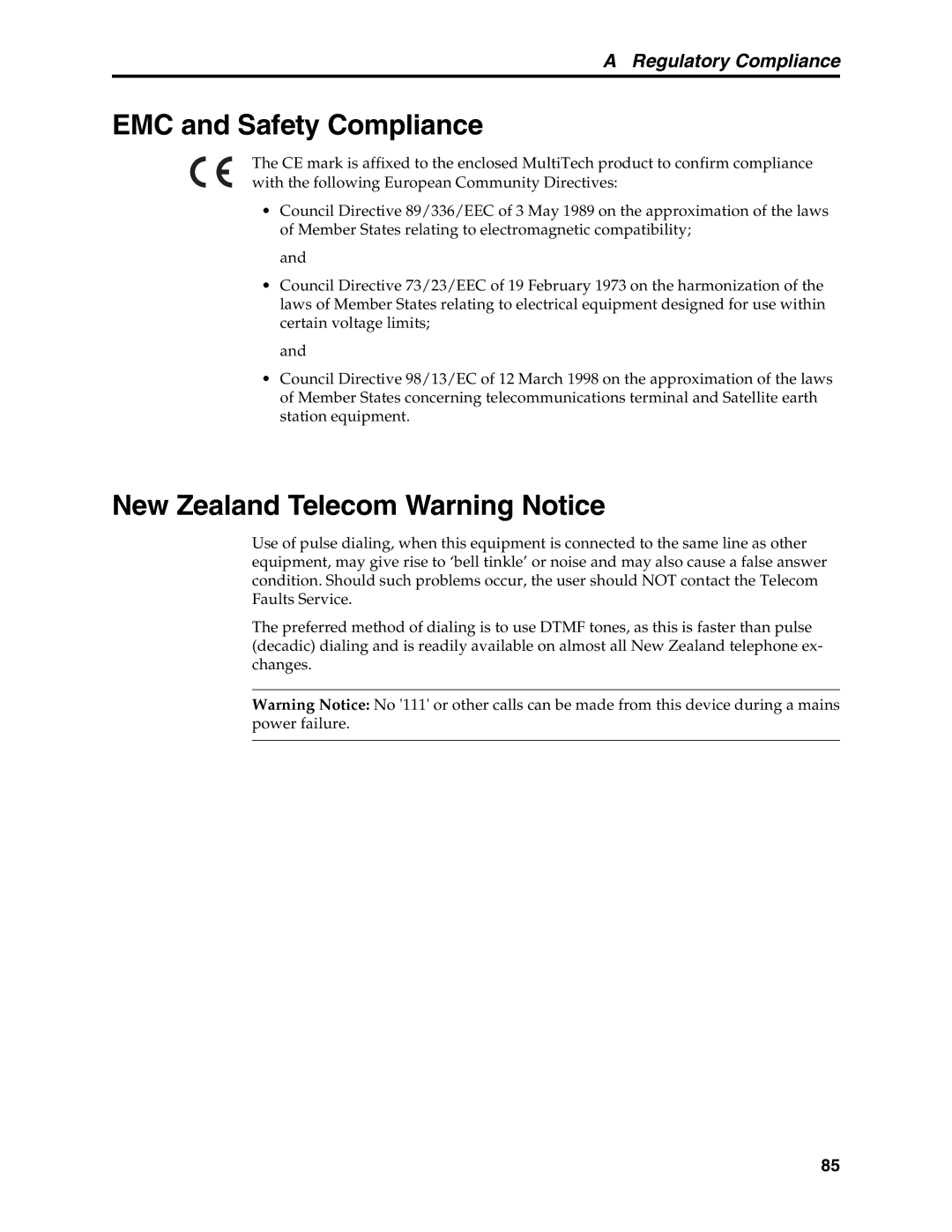 Multi-Tech Systems MT5634MSV manual EMC and Safety Compliance, New Zealand Telecom Warning Notice 