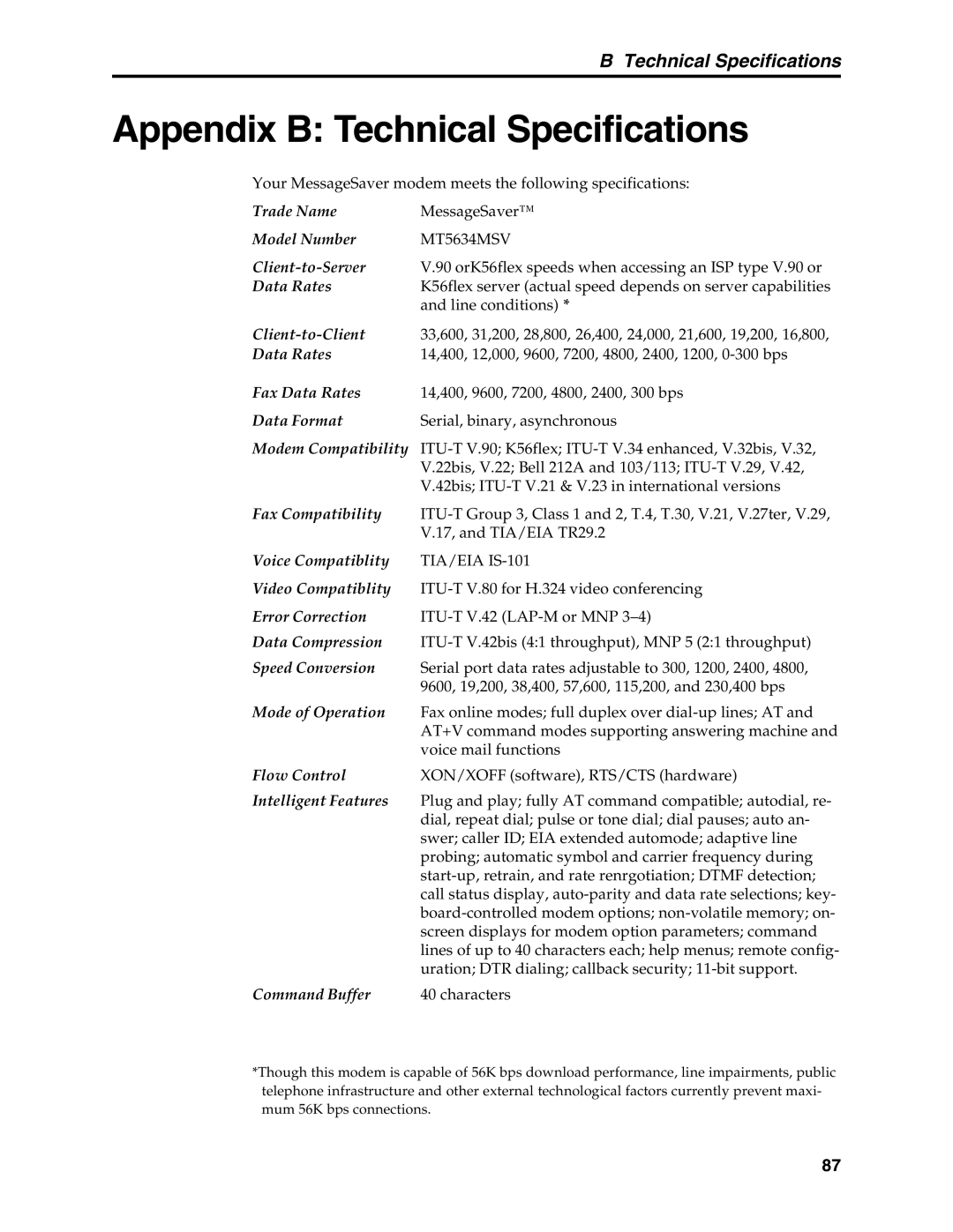 Multi-Tech Systems MT5634MSV manual Appendix B Technical Specifications 